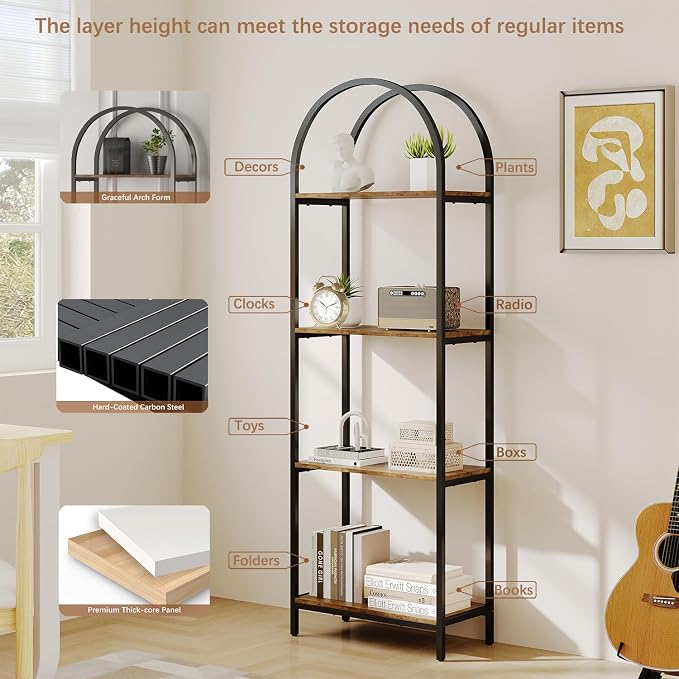 Bookshelf Arched Bookcase, Industrial 4-Tier Open Book Shelves with Metal Frame, 72" Tall Freestanding Storage Display Rack for Home Office, Living Room (Rustic Brown, 4 Tier Arched)