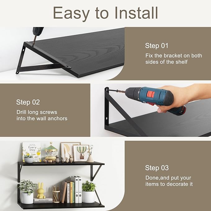Fun Memories 27.5" W x12 D Floating Shelves, Black Wall Shelf with Brackets, 12 Inch Deep Floating Shelf Set of 2, Large Storage Kitchen Living Room Bathroom Shelves, Wood Wall Mounted Shelf