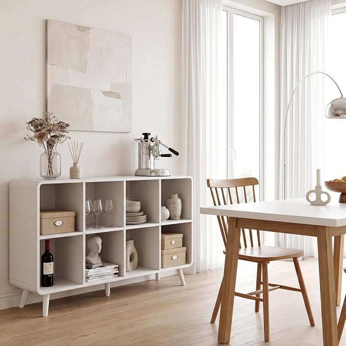 EXPERLAM White 8 Cube Storage Organizer with Legs and Rounded Edges, Mid Century Cube Bookshelf, Low Horizontal Cube Shelf Bookcase for Living Room, Bedroom, Entryway