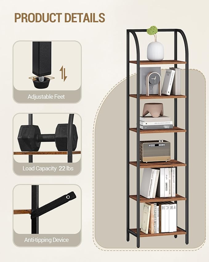 Hzuaneri Bookshelf Narrow Bookcase, Tall Storage Rack with Steel Frame, Display Standing Shelf Unit, Skinny Book Shelf for Study Living Room Home Office, Industrial Style, 6-Tier Rustic Brown BC56401B