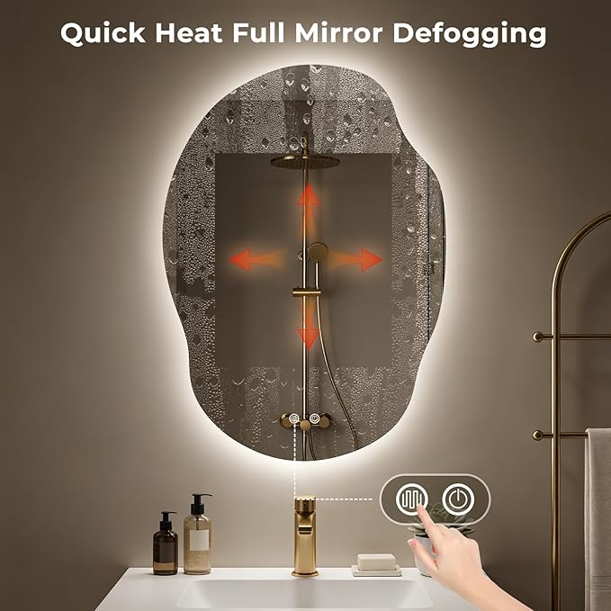 LED Bathroom Mirror with Lights, Asymmetrical Irregular Backlit Vanity Mirror, 35" H x 25" W, Anti-Fog, Dimmable 3 Color Temperature, Memory Function, Hardwired Wall Mounted, Horizontal or Vertical