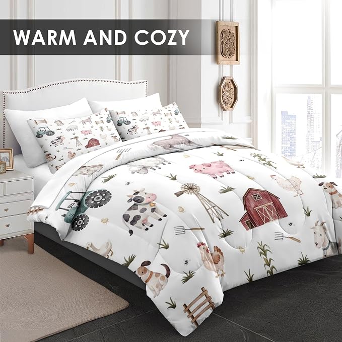Pamnest Comforter Set Full Size, Farm Animal 7 Pcs Bedding for Kids and Adults, Cute Tractor Bed Sheet Sets with Fitted Sheet 2 Pillowcases & 2 Shams for Bedroom Bed Decor