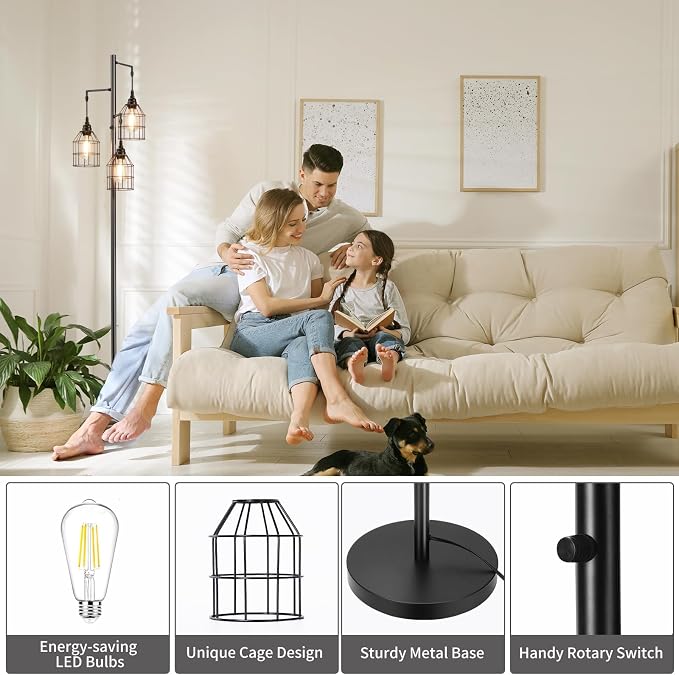 Sucolite 70" Dimmable Floor Lamp for Living Room, Industrial 3-Light Tree Floor Lamp Black with Cages, Farmhouse Rustic Tall Standing Lamp Floor Lighting for Bedroom Office, 3 Free LED Edison Bulbs