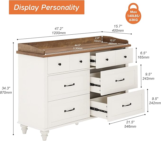WAMPAT Off White Dresser for Bedroom with 6 Drawers, Wooden Dresser TV Stand with Wide Chest of Drawers, Mid Century Modern Closet Storage Organizer for Living Room, Hallway, Nursery