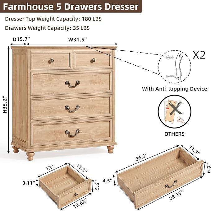 Farmhouse 5 Drawer Dresser for Bedroom, 35" Tall Rustic Chests of Drawers w/ 4 Solid Wood Feet, Mid Century Modern Wooden Closet Storage Dressers Organizer for Living Room, Hallway,Natural