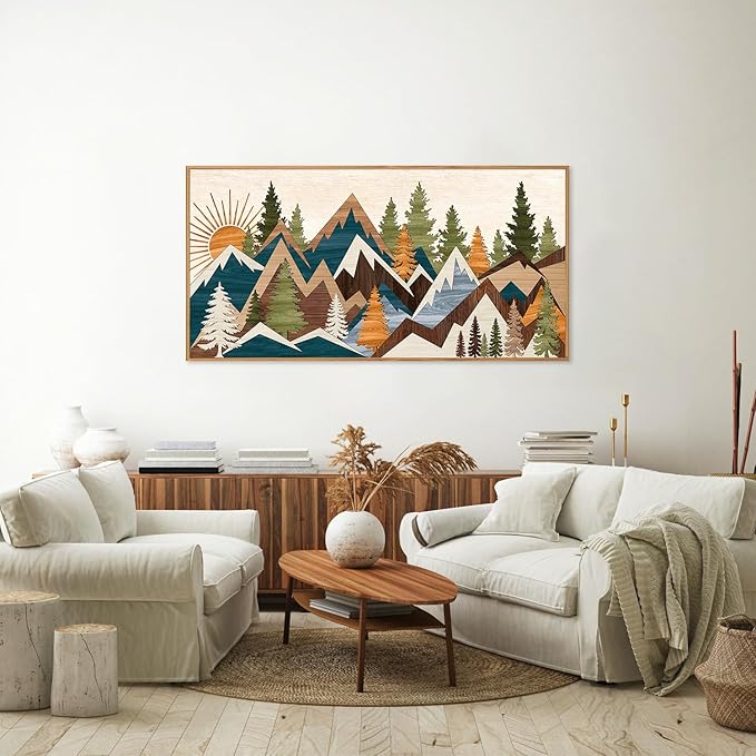 Tinonedraw Large Mountain Framed Canvas Wall Art, Boho Rustic Sunrise Forest Wall Decor, Vintage Woodsy Nature Art Painting, Modern Wilderness Trees Art Print for Living Room Bedroom Office 20"x40"