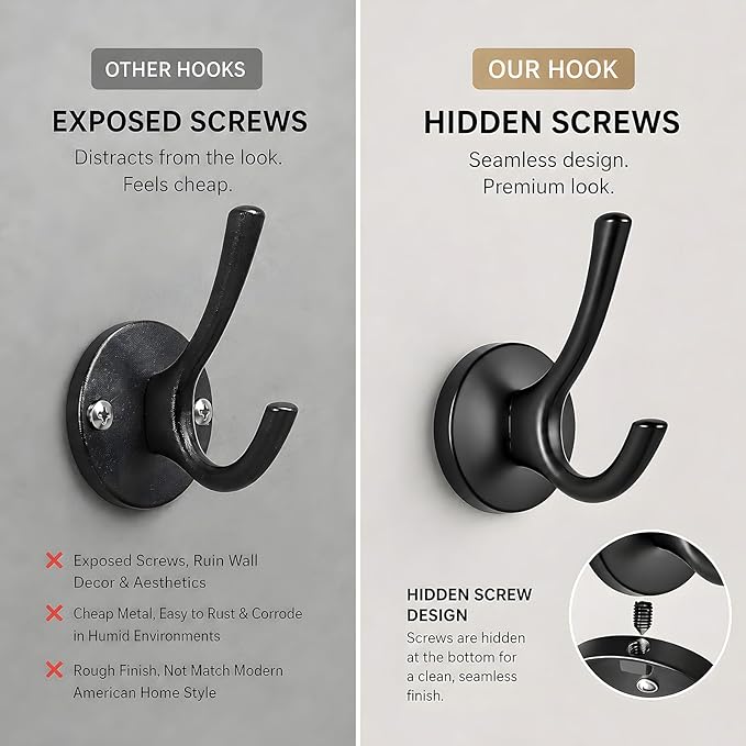 Towel Hooks-Coat Robe Hooks-Heavy Duty Metal Double Bathrobe Hook-Black Towel Hooks for Bathrooms-Kitchen Closet Garage（2Pcs Black）
