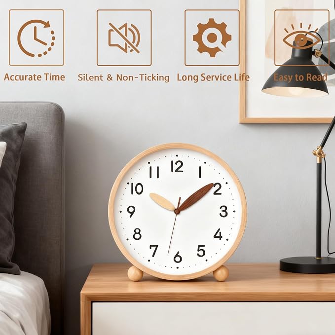 Maxspace Wooden Table Clock,8in Silent Non-Ticking Desk Clock,Battery Operated Desktop Analog Clock for Living Room Bedroom Kitchen Office Classroom Decor (Log - White)