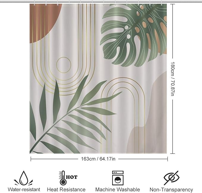 Boho Mid Century Shower Curtain,Modern Abstract Plant Botanical Palm Leaf Minimalist Bathroom Curtain Polyester Waterproof Fabric Decor 66x72in（168x183cm）