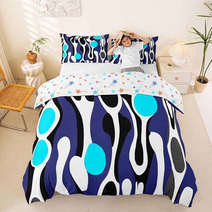 Erosebridal Organic Abstract Duvet Cover Set Modern Contemporary King Bedding Set for Adult Men Boho Mid Century Wavy Lines Comforter Cover Retro Geometric Bed Sets,Dark Blue Cyan