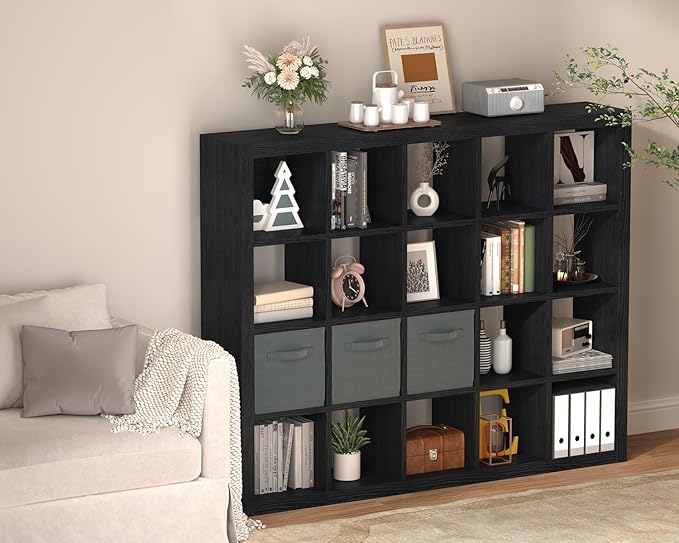 Bookshelf with Storage Bins, 20-Cube Storage Organizer Sturdy Wooden Bookcase Open Book Shelf, Multifunctional Cubicle Rack for Storage & Display, Furniture for Living Room, Office, Black
