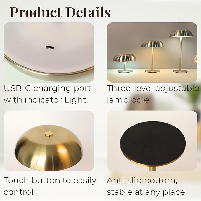 Portable Mushroom Table Lamp with 5200mAh Battery, Cordless LED Night Light with Stepless Dimming, 3 Color Modes & Adjustable Height for Bedroom, Patio, Bar Decor and Coffee Shop Ambiance (Balck-tall)