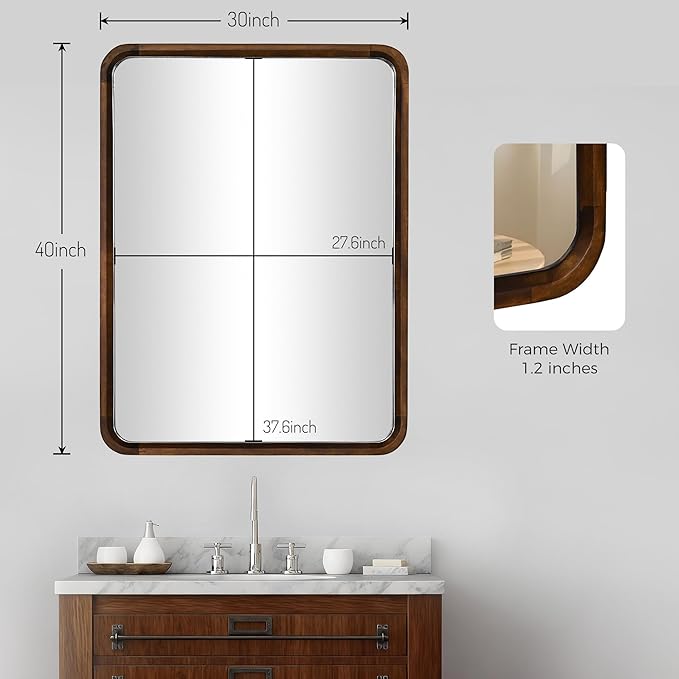 Bathroom Mirror for Wall,Wood Rectangle 30 x 40 inch Hanging Vatiny Tempered Mirrors with Rounded Corner for Living Room,Bedroom,Entryway