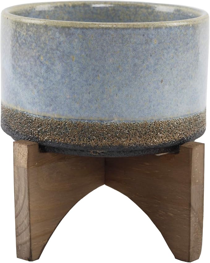Flora Bunda Mid Century 5.1 inch Lava Ceramic ON Wood Stand,Blue