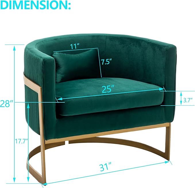 Velvet Accent Chair Green Modern Upholstered Barrel Chair, Wide Arm Chairs for Living Room Bedroom Club Side Chairs with Gold Legs