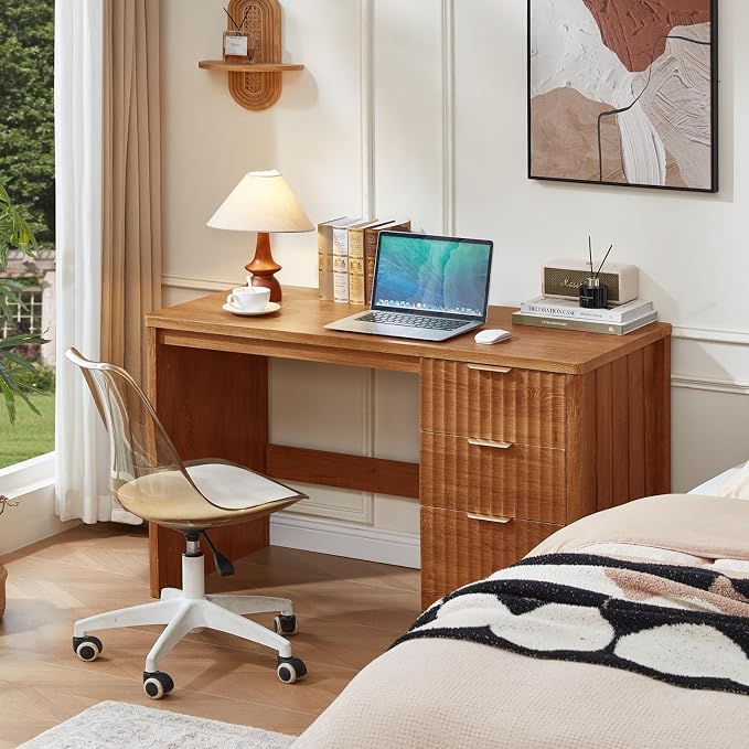 LEYAOYAO Office Desk 48" with 3 Drawers Storage File Cabinet Wood Fluted Desk for Computer Office Bedroom Home Furniture Tea Brown