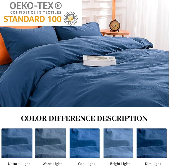 NEXHOME PRO Duvet Cover Set Queen Size Linen Feel Textured Navy Organic Natural 100% Washed Cotton Duvet Cover 3 Pieces Bedding Set with Zipper Closure, Breathable, Soft (No Comforter)