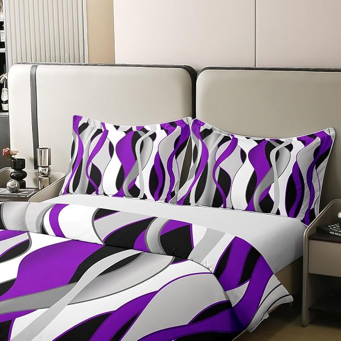 Erosebridal Purple Modern Abstract 100% Cotton Duvet Cover King Geometric Waves Striped Bedding Set for Kids Teens Adults Wave Lines Art Comforter Cover Minimalist Artistic Bed Set 3 Pcs