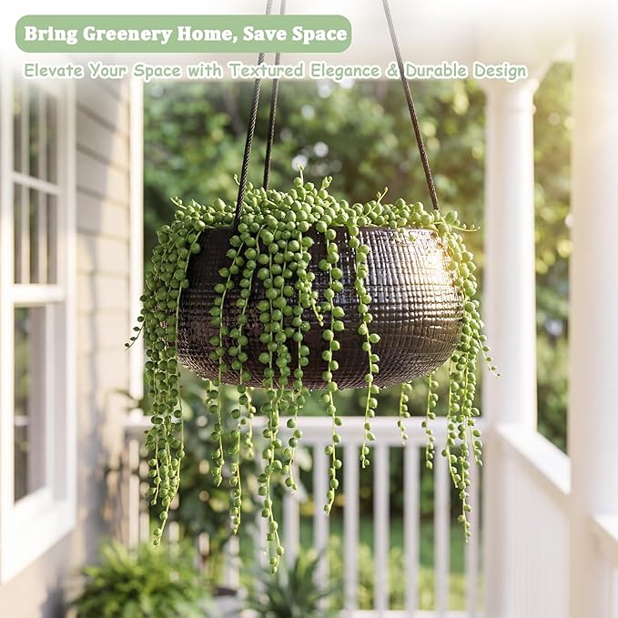 8 Inch Hanging Planters for Indoor Plants - Small Hanging Flower Pots with Drainage Holes Round Ceramics Hanging Plant Pots Black