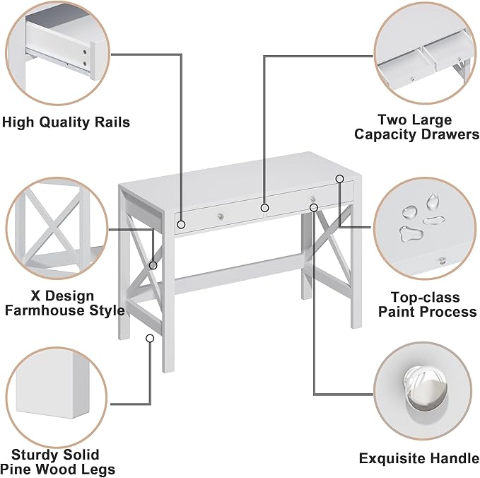 ChooChoo Computer Desk Study for Home Office, Modern Simple 40 Inches Desk with Drawers, Makeup Vanity Console Table, White