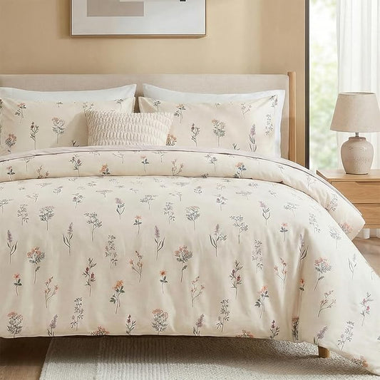 Cream Duvet Cover Set Full Size 100% Washed Cotton Linen Like Textured Comforter Cover 3 Pcs Luxury Soft and Breathable Floral Duvet Cover with Zipper Closure