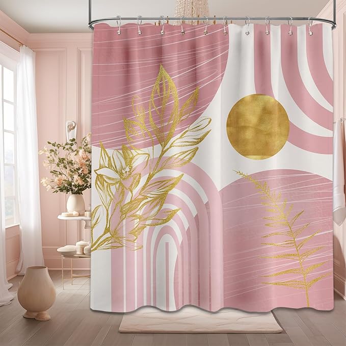 Blush Pink and Gold Shower Curtain Boho Mid Century Light Pink and White Shower Curtains for Bathroom Decor, Waterproof Cloth Fabric with Hooks, 60" W x 72" L