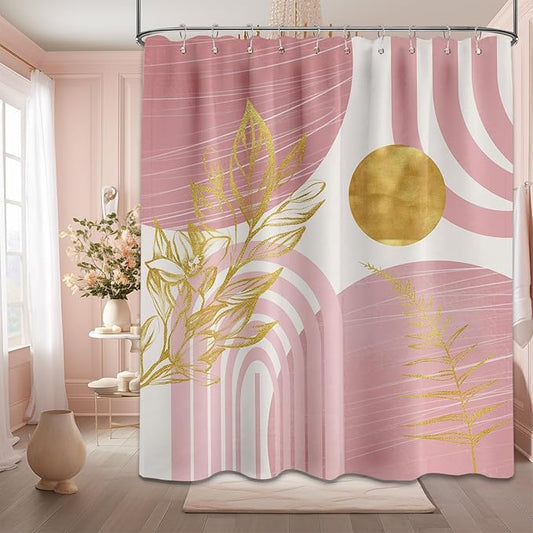 Blush Pink and Gold Shower Curtain Boho Mid Century Light Pink and White Shower Curtains for Bathroom Decor, Waterproof Cloth Fabric with Hooks, 60" W x 72" L