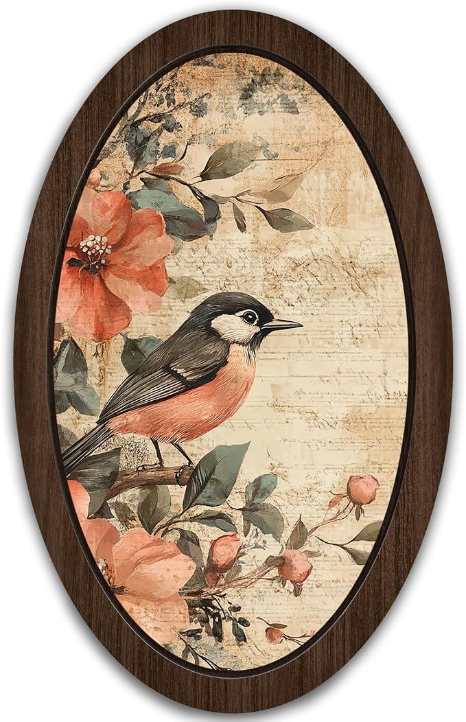 UYIKG Vintage Bird Floral Oval Wooden Framed Wall Art Decor,Rustic Farmhouse Cottage Core Decor,Vintage Wall Decor for Theme Room Home Bedroom Living Room Home Office 9x14.6 in