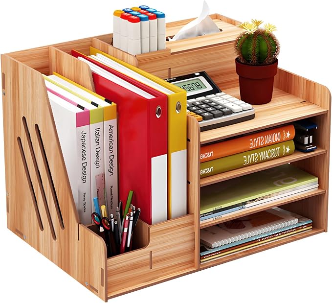 FYY Desk Organizer Wooden Desktop Organizer with 3 Trays - Assembly is Required - Large Desk File Organizer Office Supplies Desk Organizer Tray, Pen Holder and Tissue Box for School Home