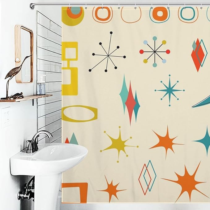 Mid Century Modern Shower Curtain,Vintage Iconic Atomic Modern Retro Space Abstract Geometric Fabric Bathroom Decor Curtains with Hooks 72x72in（183x183cm）