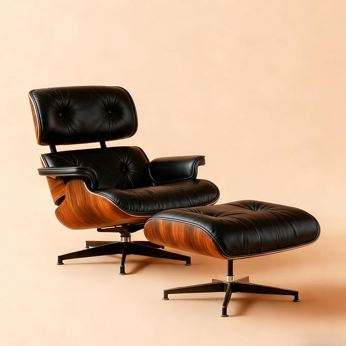 Mid-Century Genuine Top Grain Leather Chaise Lounge Chair & Ottoman, Rosewood Base, Modern Classic Design for Living Room & Office
