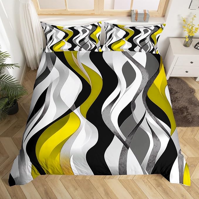 Yellow Black Stripes Duvet Cover Set Full Size,Geometric Comfy Striped Waves Bedding Set,Boys Girls Room Decor,Modern Abstract Simple Art Comforter Cover,Chic Quilt Cover,2 Pillowcases(No Filler)