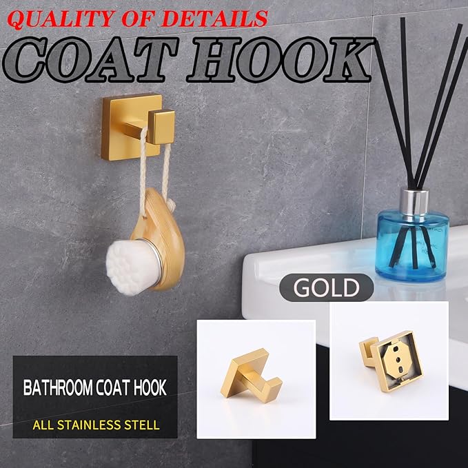 GERZWY Bathroom 3-Piece Hardware Set Gold Stainless Steel - Coat Hook Toilet Paper Holder Towel Ring IG18567-3BE