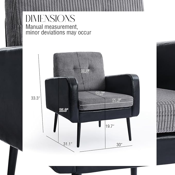 Comfy Accent Chair for Living Room Chairs Mid Century Modern Reading Chair Accent Chairs with Metal Legs,Upholstered Arm Chair for Bedroom Office Waiting Room(Black & Grey,1)