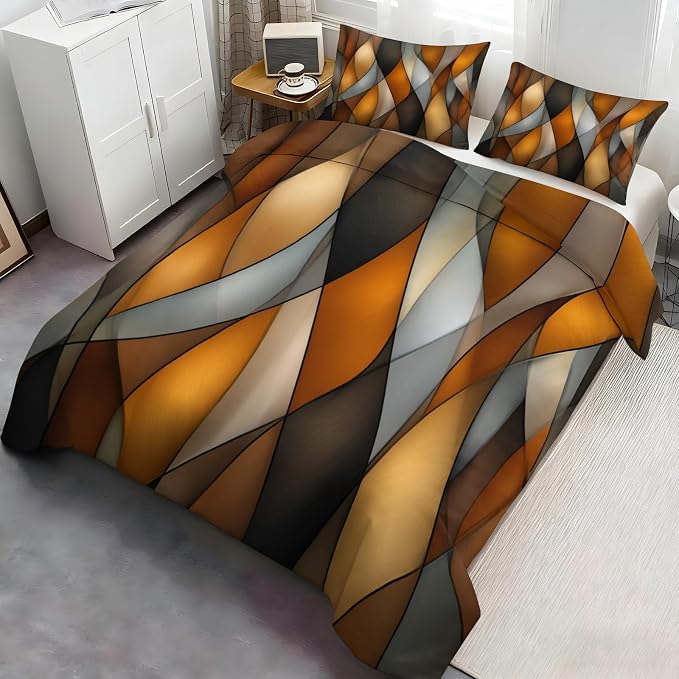 Orange Black Geometric Stripes Duvet Cover Queen Size, Mid Century Modern Geometrics Lines Bedding Set 3 Piece, Ombre Abstract Striped Patterned Comforter Cover with Zipper, 2 Pillowcases