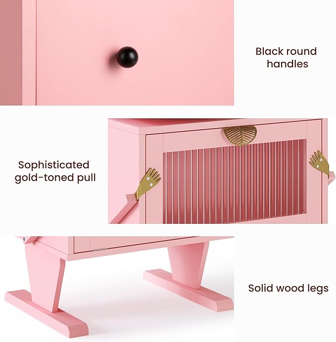 RoyalCraft Large Nightstand Set of 2 with LED Lighs, Pink End Table with 360°Rotating Drawer, Modern Bedside Table with Storage, Wood Night Stand for Bedroom, Home Office, Pink