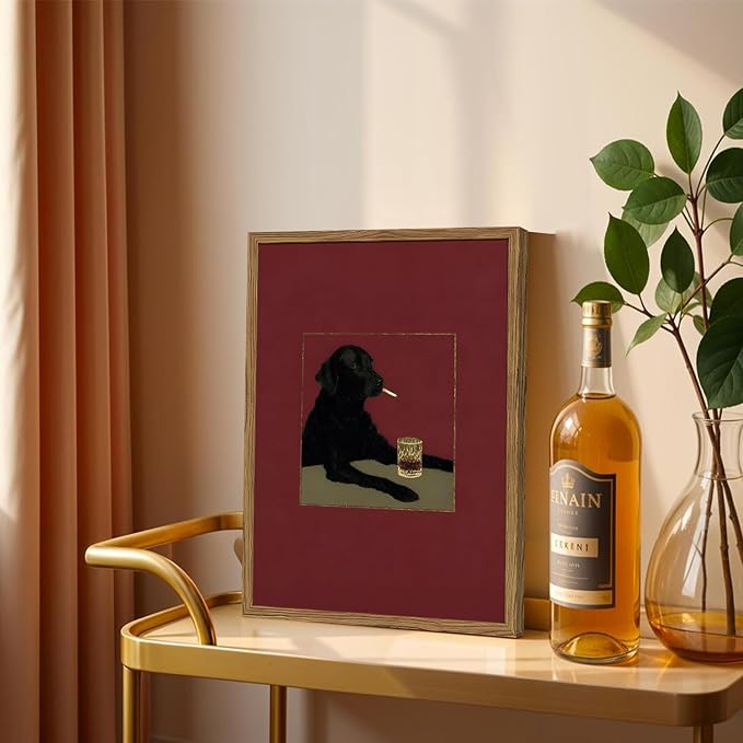 Funny Black Dog Wall Art Moody Black Labrador With Cigarette Wall Decor Picture Vintage Animal Bar Poster Canvas Painting Print for Living Room Bedroom 16x24 inch Wood Framed