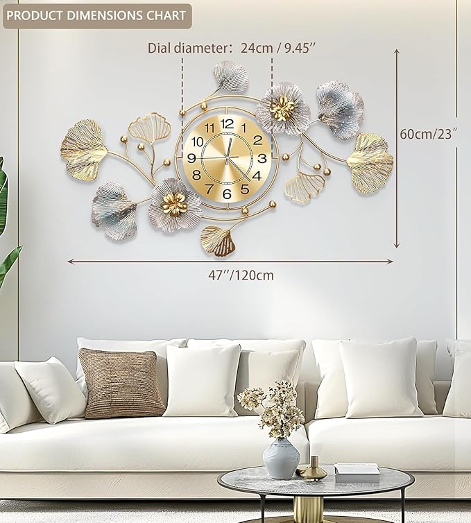 Clocks for Living Room, Large Wall Clock, 3D Silent Wall Clock, Retro Metal Ginkgo Leaf Design, for Bedroom Kitchen Decorative Wall Clocks（47''x23'' ）