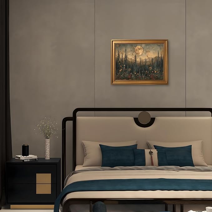 Vintage Nature Forest Wall Art Canvas Print Dark Moon Landscape Painting Woodland Wildflowers Picture Artwork Natural Scenery for Farmhouse Bedroom Living Room Wall Decor 24x36inch Golden frame