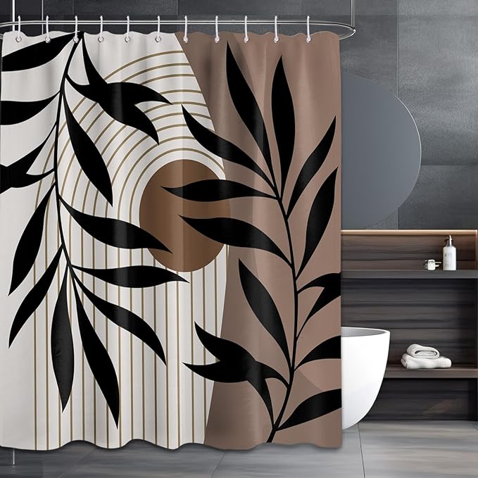 Boho Brown Shower Curtain Mid Century Dark Brown Shower Curtains for Bathroom Decor, Black and Tan Waterproof Cloth Fabric with Hooks, 70" W x 84" L