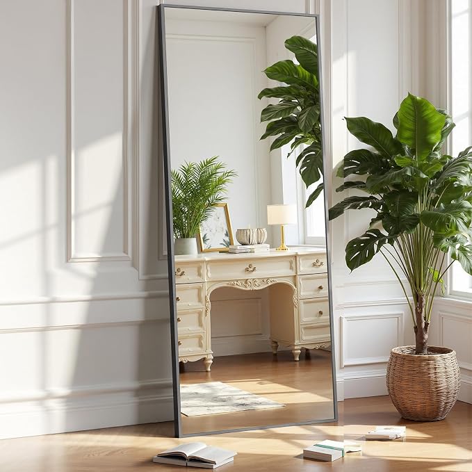 OLIXIS Black Full Length Mirror 15"x56" for Bedroom, Full Body Floor Mirror with Stand, Hanging or Leaning for Wall, Aluminum Alloy Thin Frame Floor Standing for Living Room, Long