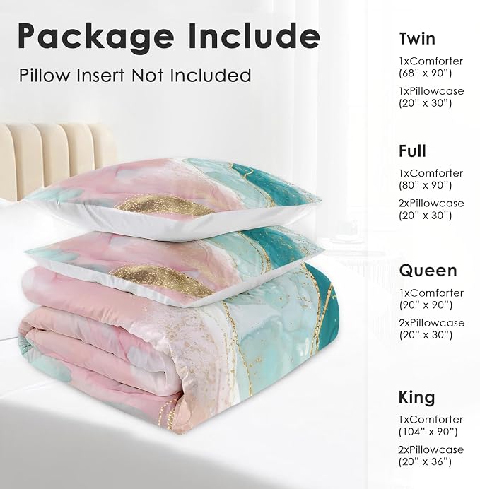 Comforter Set with 2 Pillowcases Queen Size, Pink Teal Gold Marble, Bed Decor Turquoise Rose Dye Abstract for Kids and Adults, Soft Cozy Bedroom Bedding Set
