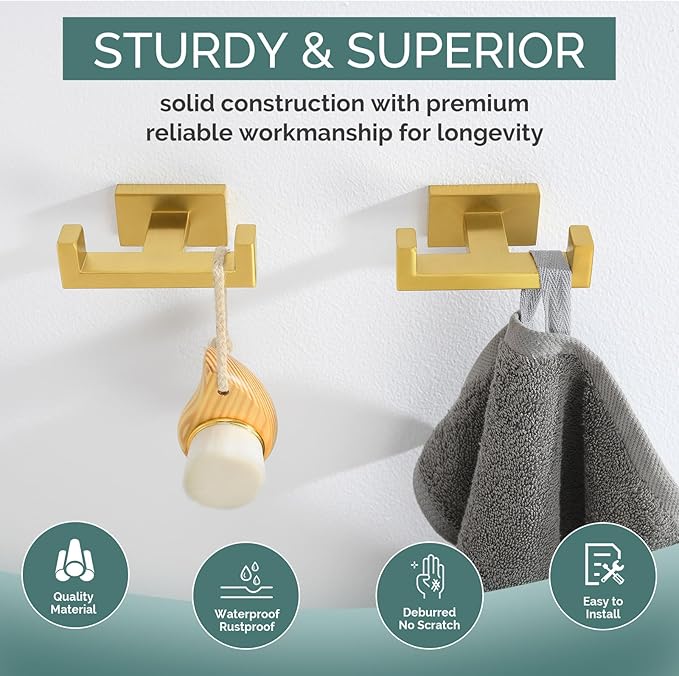 Angle Simple Double Towel Hook Brushed Dark Gold 2 PCS, SUS304 Stainless Steel Bathroom Hand Towel Holder, Double Robe Hook for Wall
