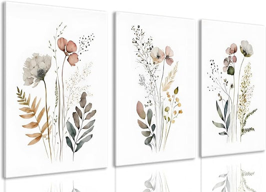 3Pcs Framed 16x24in Boho Flower Wall Art Wildflower Watercolor Canvas Minimalist Colorful Botanical Floral Painting Picture Wall Decor Posters Modern Print Artwork for Living Room Bedroom