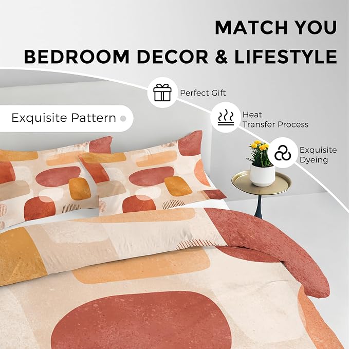 Boho Duvet Cover King Size, Mid Century Bedding Set 3 pcs with 2 Pillow Covers, Modern Abstract Bedroom Decor, Soft Microfiber Reversible, Zipper & Ties KJJT 109