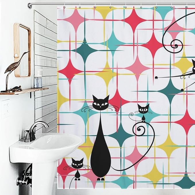 Mid Century Black Cat Shower Curtain,Retro Atomic Stars Abstract Iconic 60s Vintage Geometric Fabric Bathroom Decor Curtain with Hooks 72x72in（183x183cm）