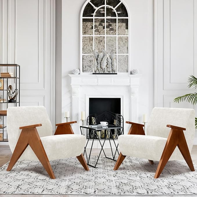 Home Accent Chair Mid Century Modern Accent Chair with Wood Frame, Lounge Upholstered Armchair, Reading Chair, Sturdy Base,For Living Room, Bedroom,Office,Comfy Guest Waiting Room Chairs,Beige