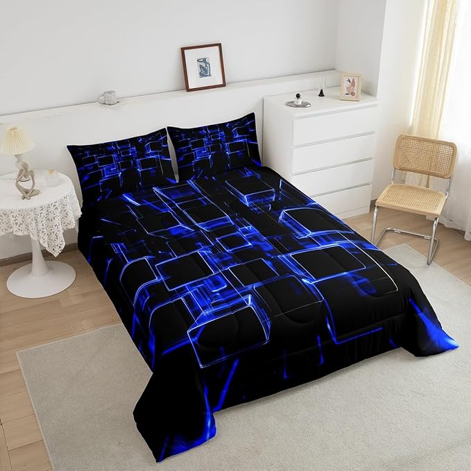 Erosebridal Honeycomb Blue and Black Kids Comforter Set, Modern Geometric Square Bedding for Boys Girls Gradient Neon Light Abstract Duvet Set Twin 2 Pieces