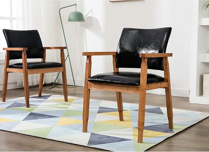 NOBPEINT Mid-Century Dining Side Chair with Faux Leather Seat in Black, Arm Chair in Walnut,Set of 4
