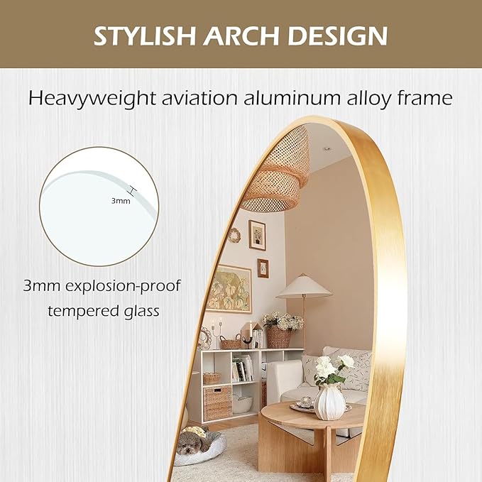 Arched Full Length Floor Mirror, Oval Full Floor Mirror, Large Wall Mounted Arched-Top Body for Living Room, Bedroom, Bathroom, Entryway, Dressing Room (Gold, 64 * 21)
